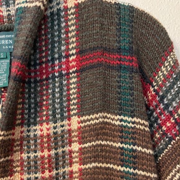 Lauren Ralph Lauren Hand Knit Lambswool Brown Plaid Tie Waist Cardigan Size S - Picture 4 of 6